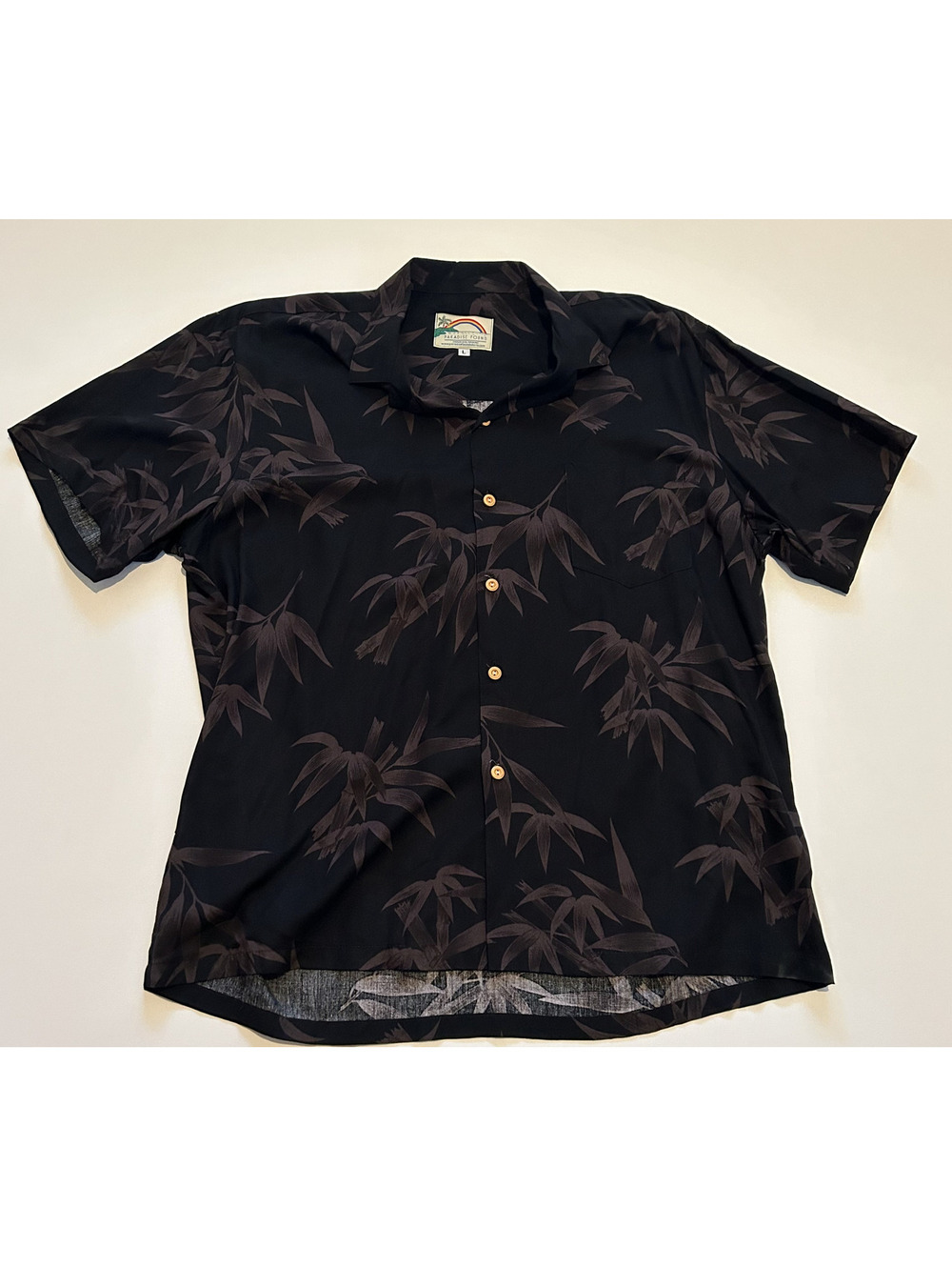 Paradise Found Hawaiian Shirt Men's L Black Brown Leaf Print Made in Hawaii